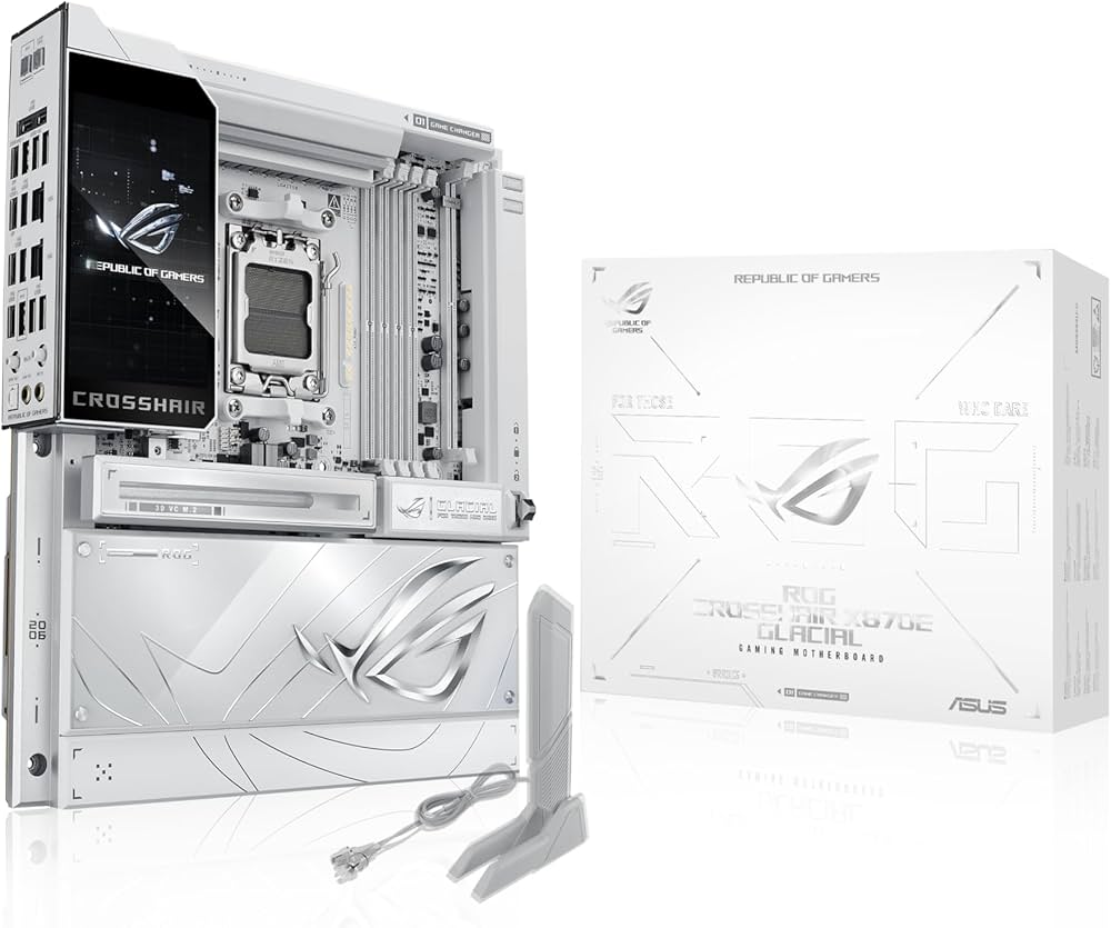 ASUS ROG Crosshair X870E Glacial, AMD E-ATX Motherboard, 24+2+2 Power Stages, DDR5 Slots, Two PCIe® 5.0 x16 SafeSlots, Seven M.2 Slots, Dual Realtek 10G Ethernet, AI Cache Boost, Full -Color 5” LCD